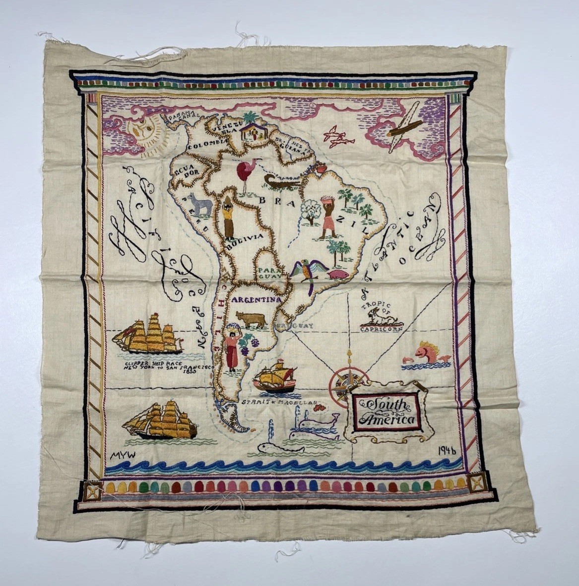 RARE LARGE ANTIQUE 1940\'S PICTORIAL EMBROIDERY SOUTH AMERICA MAP CROSS STITCH RARE LARGE ANTIQUE 1940\'S PICTORIAL EMBROIDERY SOUTH AMERICA MAP CROSS STITCH