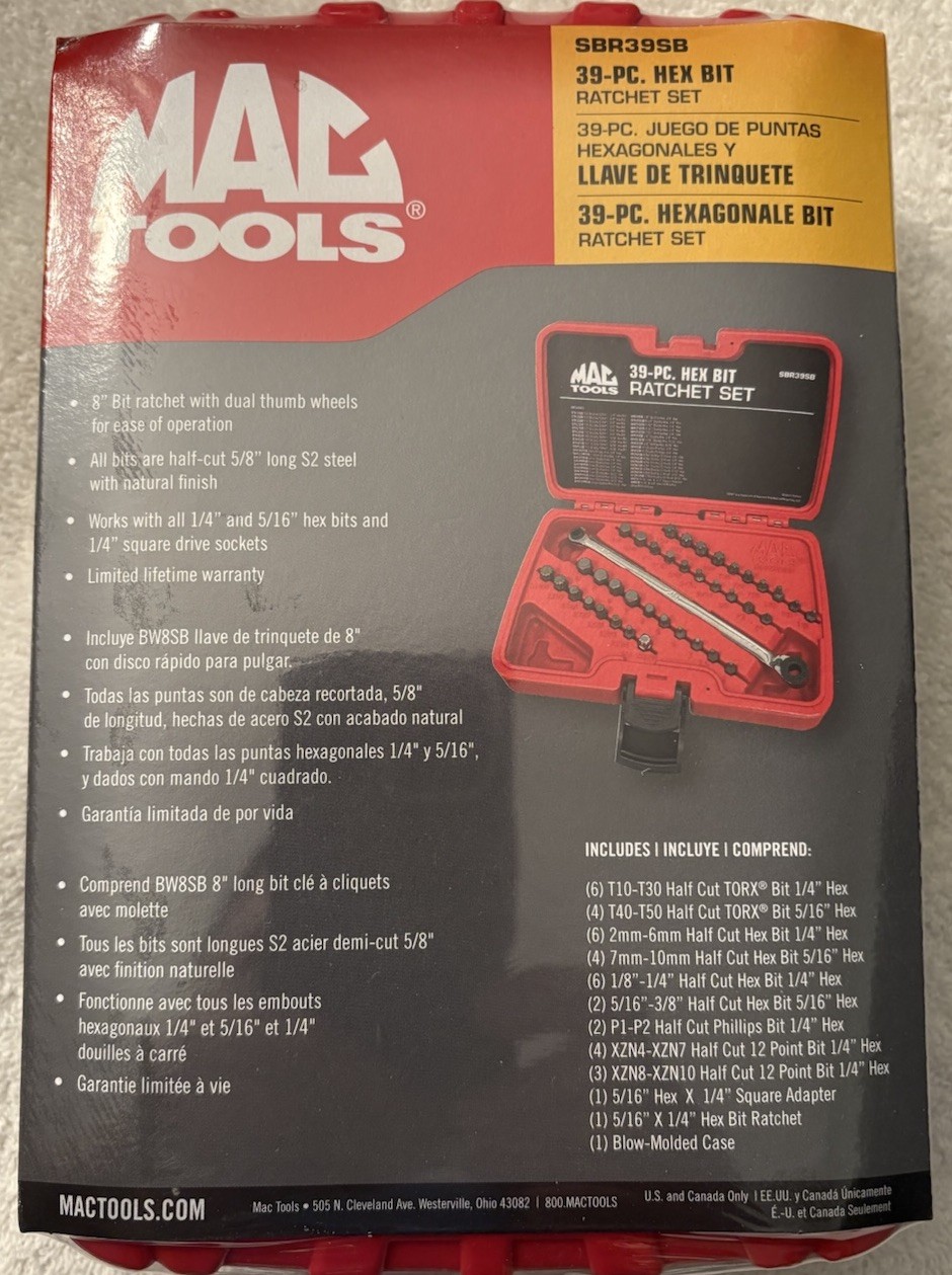 Mac Tools 39 Pc. Hex Bit Ratchet Set w/Case Mac Tools 39 Pc. Hex Bit Ratchet Set w/Case