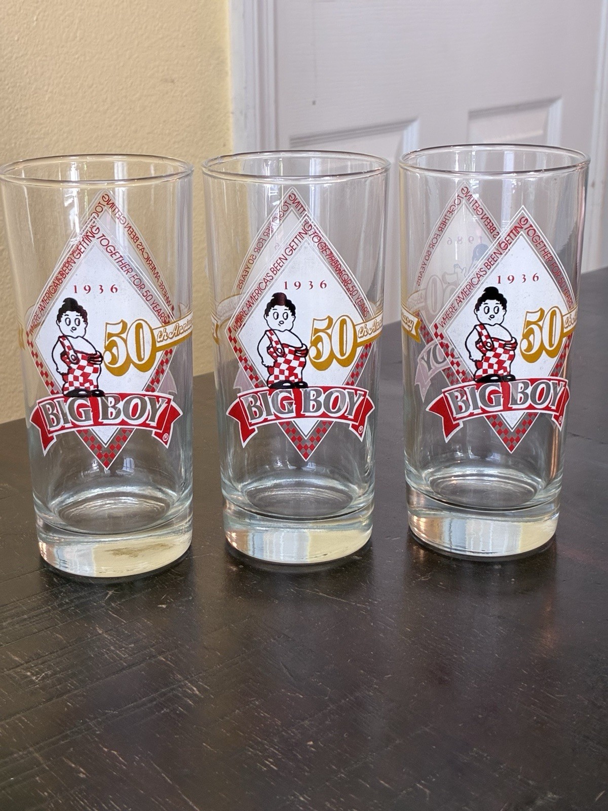 Vtg Bob\'s Big Boy 50th Anniversary Glasses RARE SET OF 3 (1936-1986) Clear Glass Vtg Bob\'s Big Boy 50th Anniversary Glasses RARE SET OF 3 (1936-1986) Clear Glass