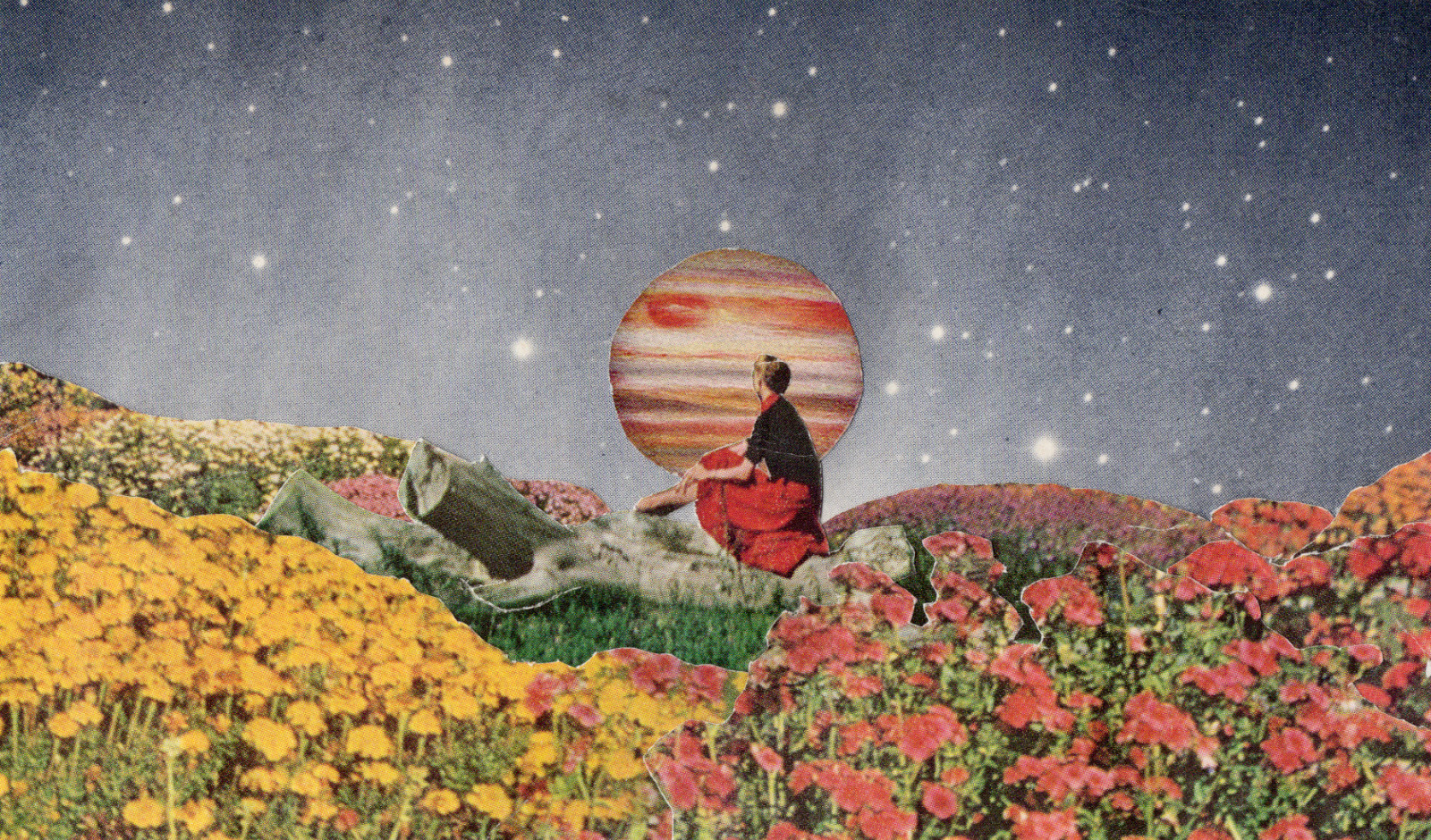 Original Collage Art Handmade Surreal Whimsical Flowers Stars Planet Mars Woman