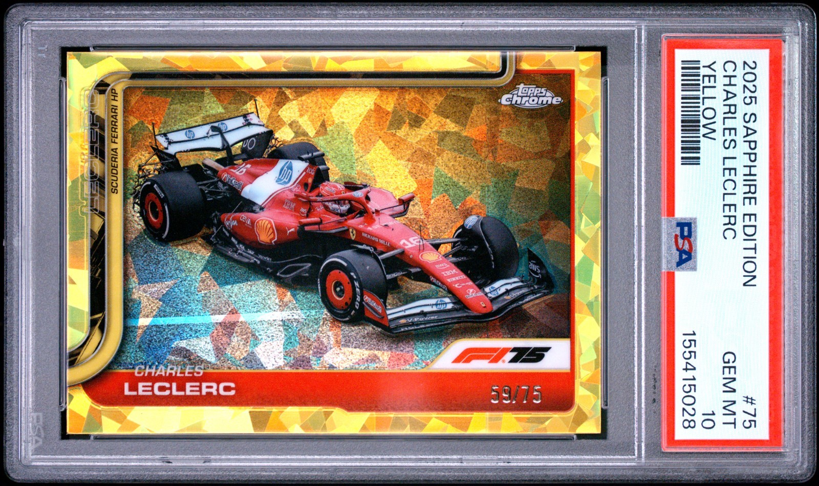 CHARLES LECLERC 2025 TOPPS CHROME SAPPHIRE F1 YELLOW SP 59/75 PSA 10 GEM MINT