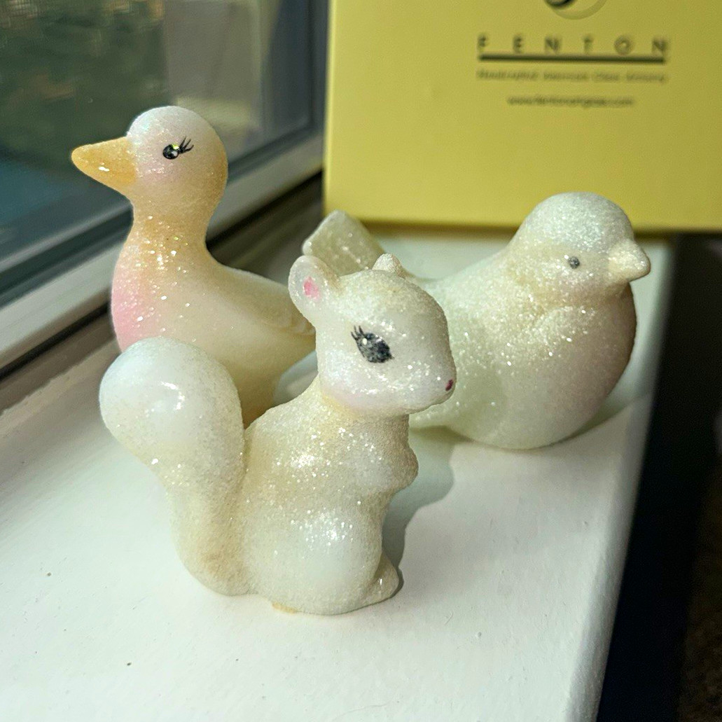 3 pc Fenton White Glitter Art Glass Animal Figurines Duck Bird Squirrel No Box