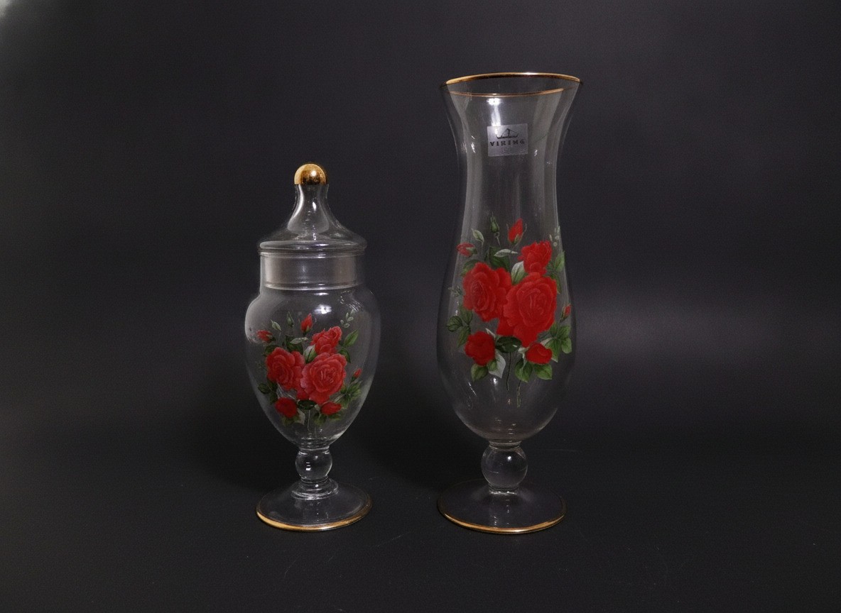 Vintage Viking Glass Red Rose Lidded Candy Dish & Bud Vase Pair Gold Trim Vintage Viking Glass Red Rose Lidded Candy Dish & Bud Vase Pair Gold Trim