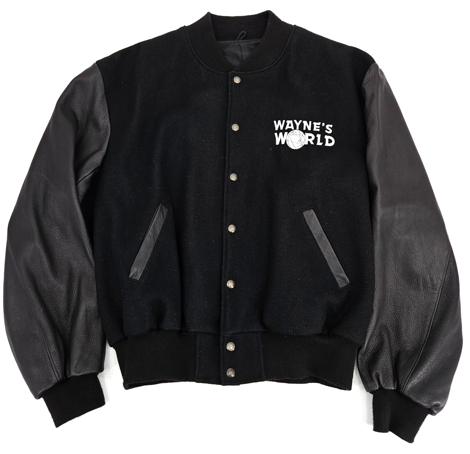Vintage Wayne\'s World Movie Cast & Crew Black Wool Leather Varsity Jacket 3XL Vintage Wayne\'s World Movie Cast & Crew Black Wool Leather Varsity Jacket 3XL