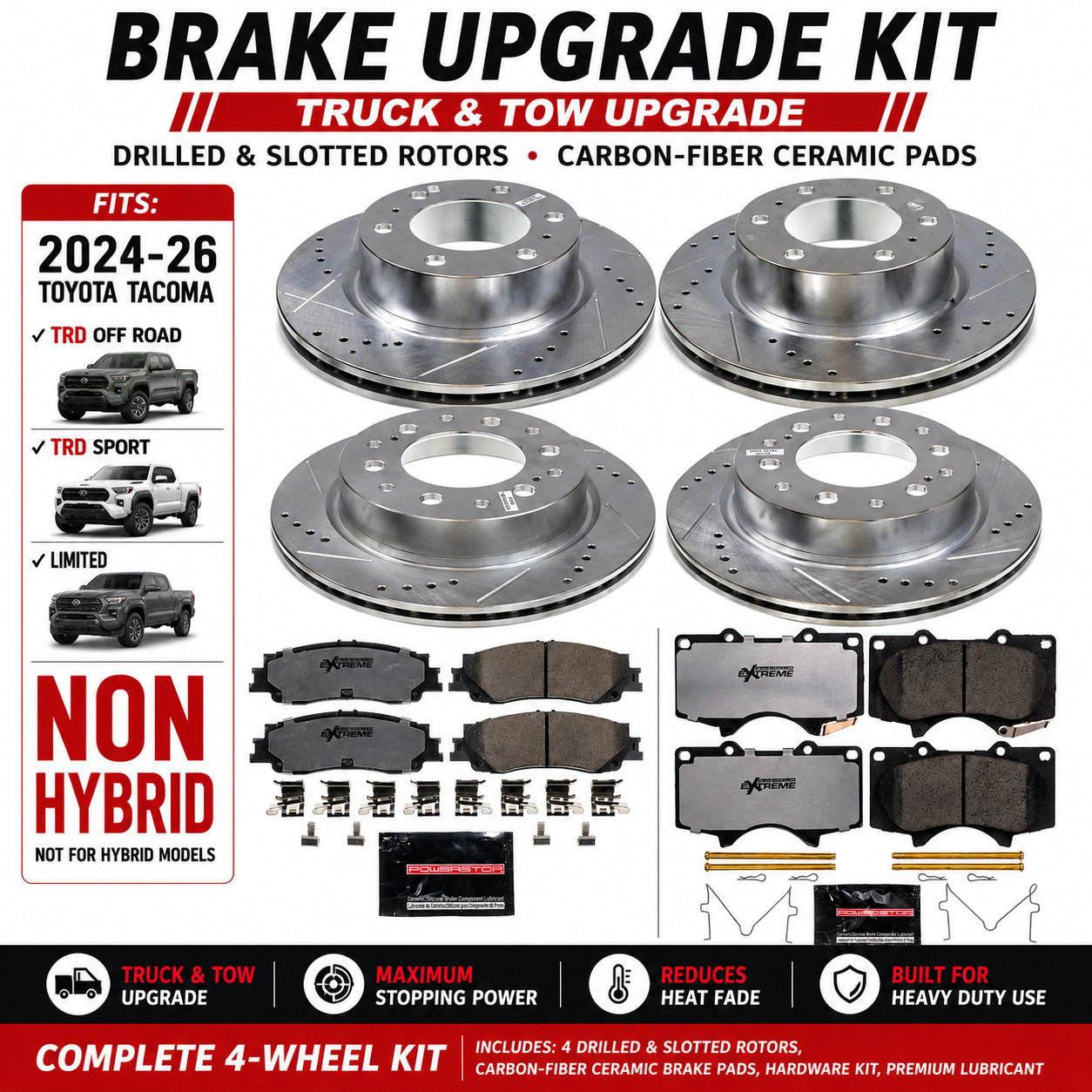 24-26 POWER STOP Toyota Tacoma Tow Performance brake rotors/pads Kit NON HYBRID