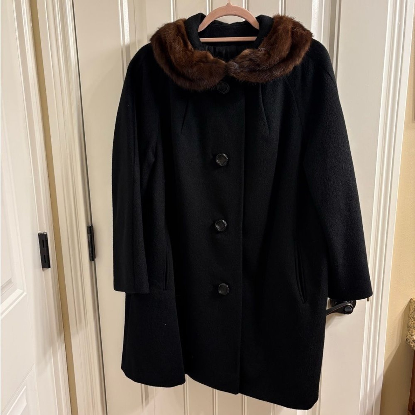 Vintage Youthcraft Mid Century Black Wool Dress Coat Brown Fur Collar M Glam Vintage Youthcraft Mid Century Black Wool Dress Coat Brown Fur Collar M Glam