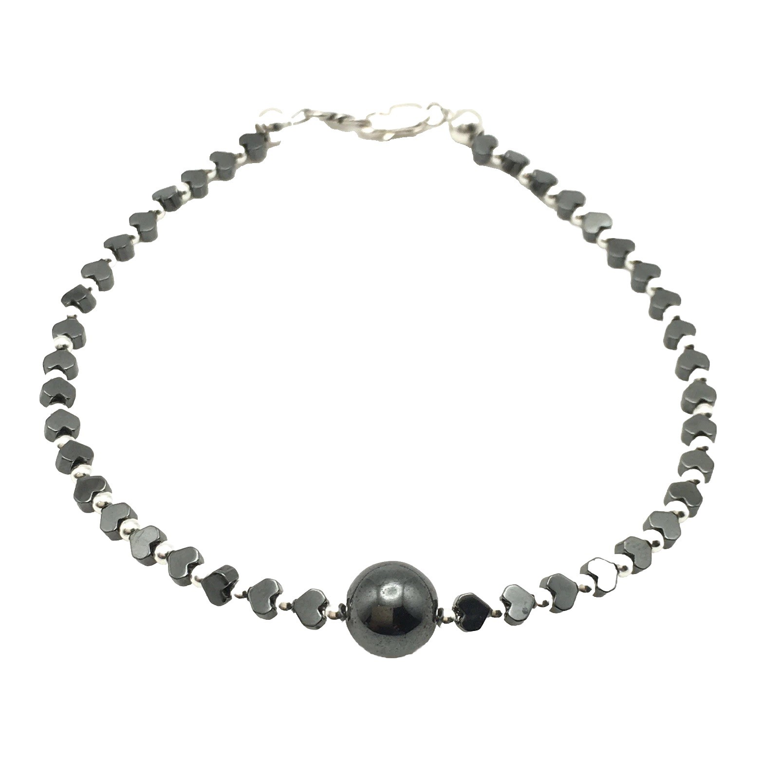 Silver Schark Sterling Silver & Hematite Heart Bracelet 7.75” Marked 925 #39