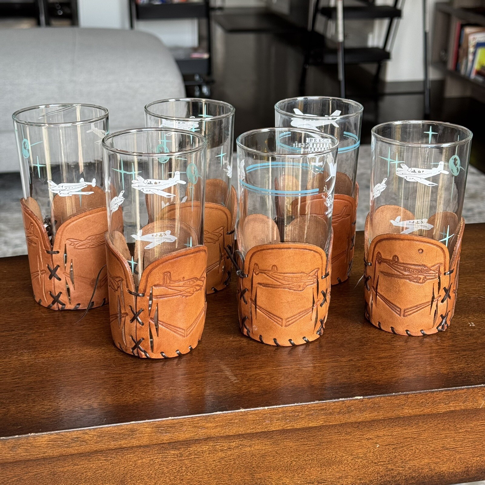 6 VTG Beechcraft Highball Glasses w/ HL Leddy Leather Holders Aviation Theme
