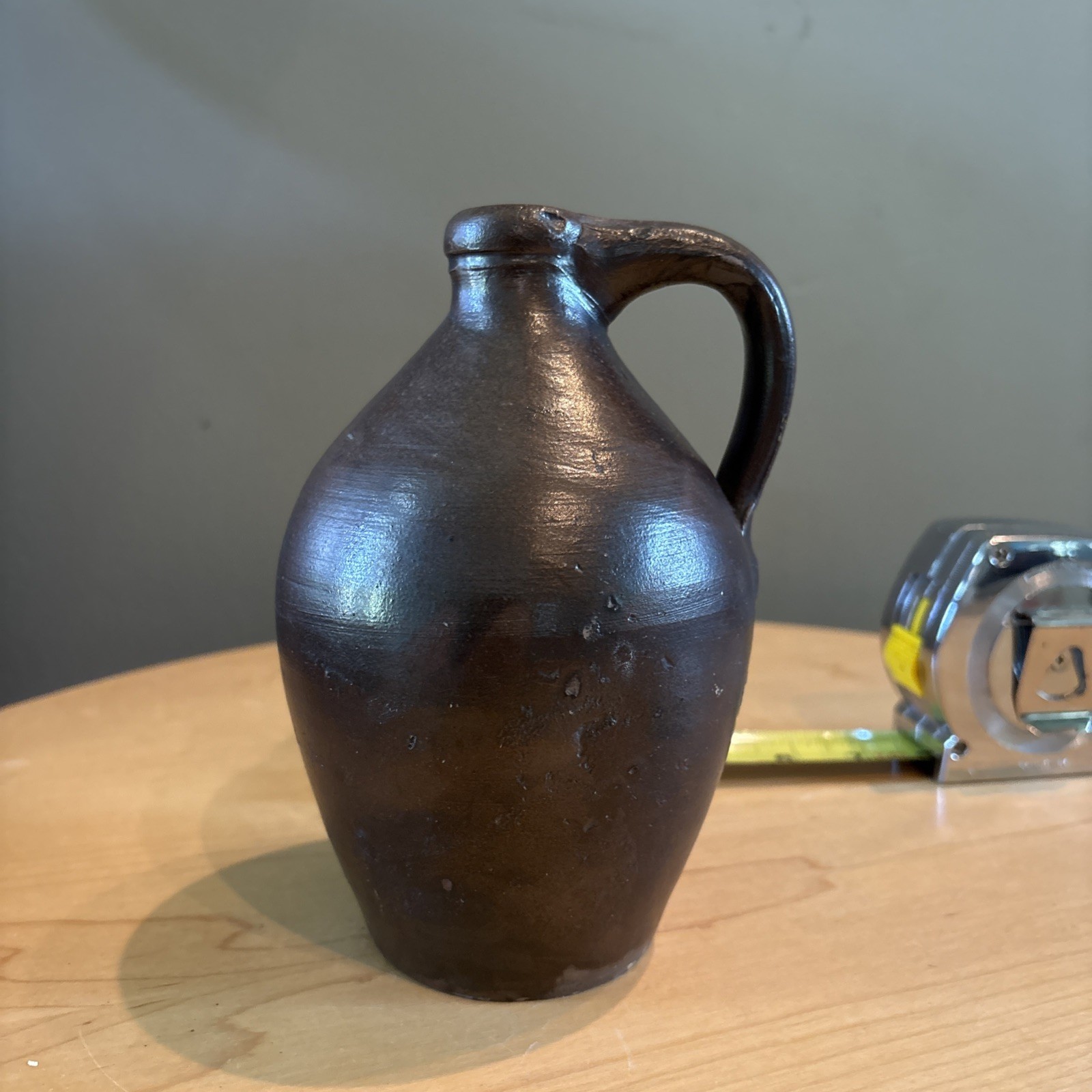 antique American brown glazed stoneware ovoid jug w/ handle antique American brown glazed stoneware ovoid jug w/ handle