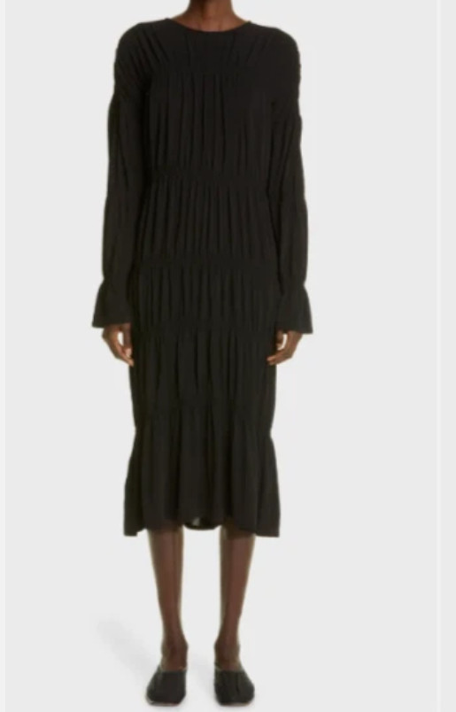 TOTEME Black Gathered Shirred Flare Long Sleeve Silky Crepe Jersey Dress M = 6
