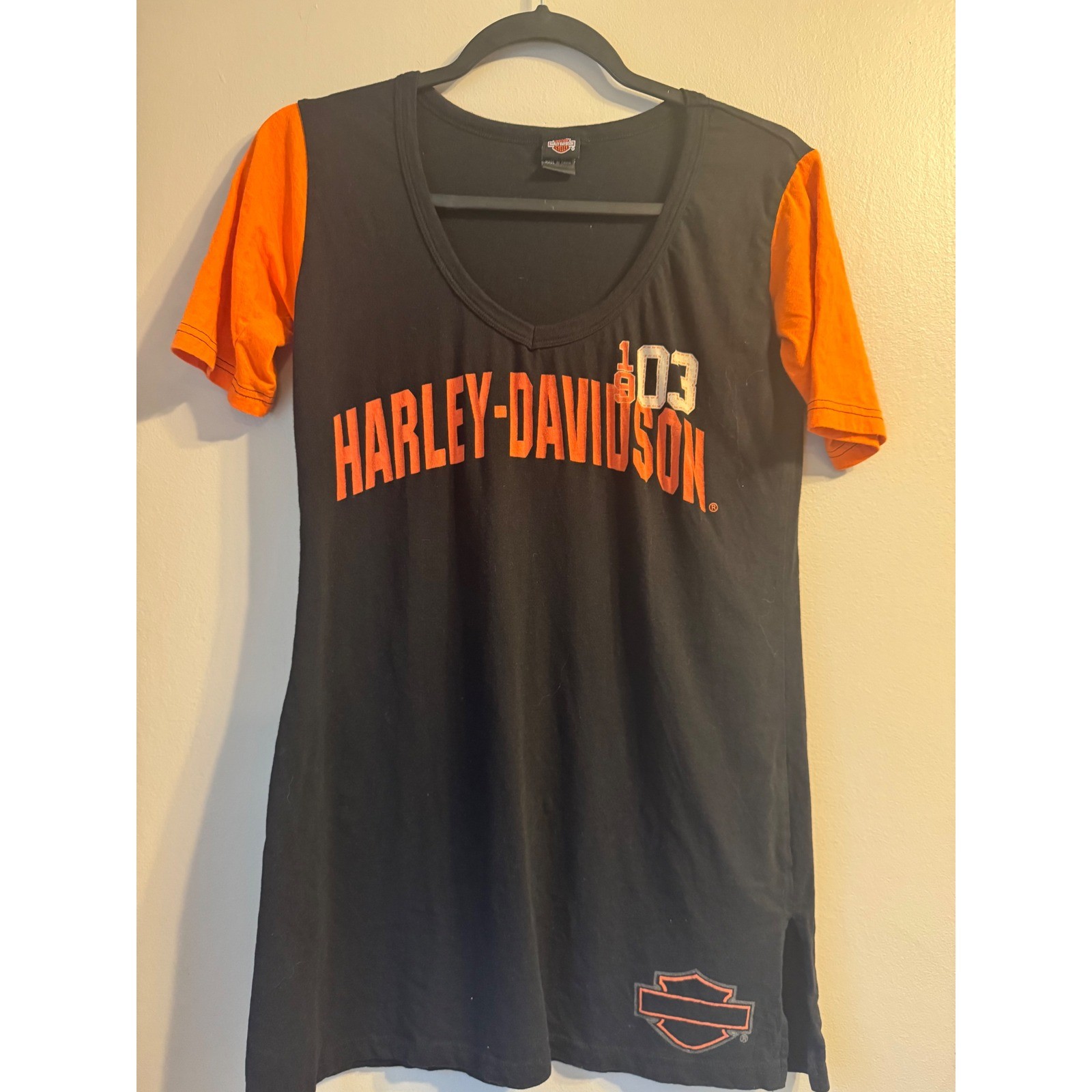 Harley-Davidson Womens V-Neck Graphic T-Shirt Black Orange Ralph Marlin Medium