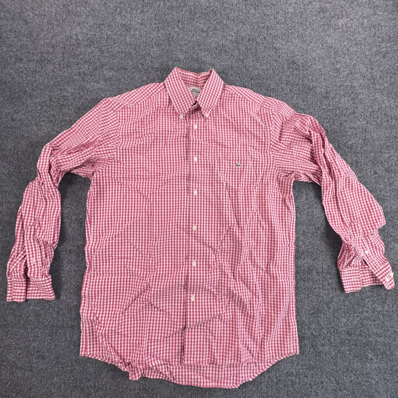 Lacoste Shirt Mens 40 Pink Gingham Check Cotton Button Down Long Sleeve Casual