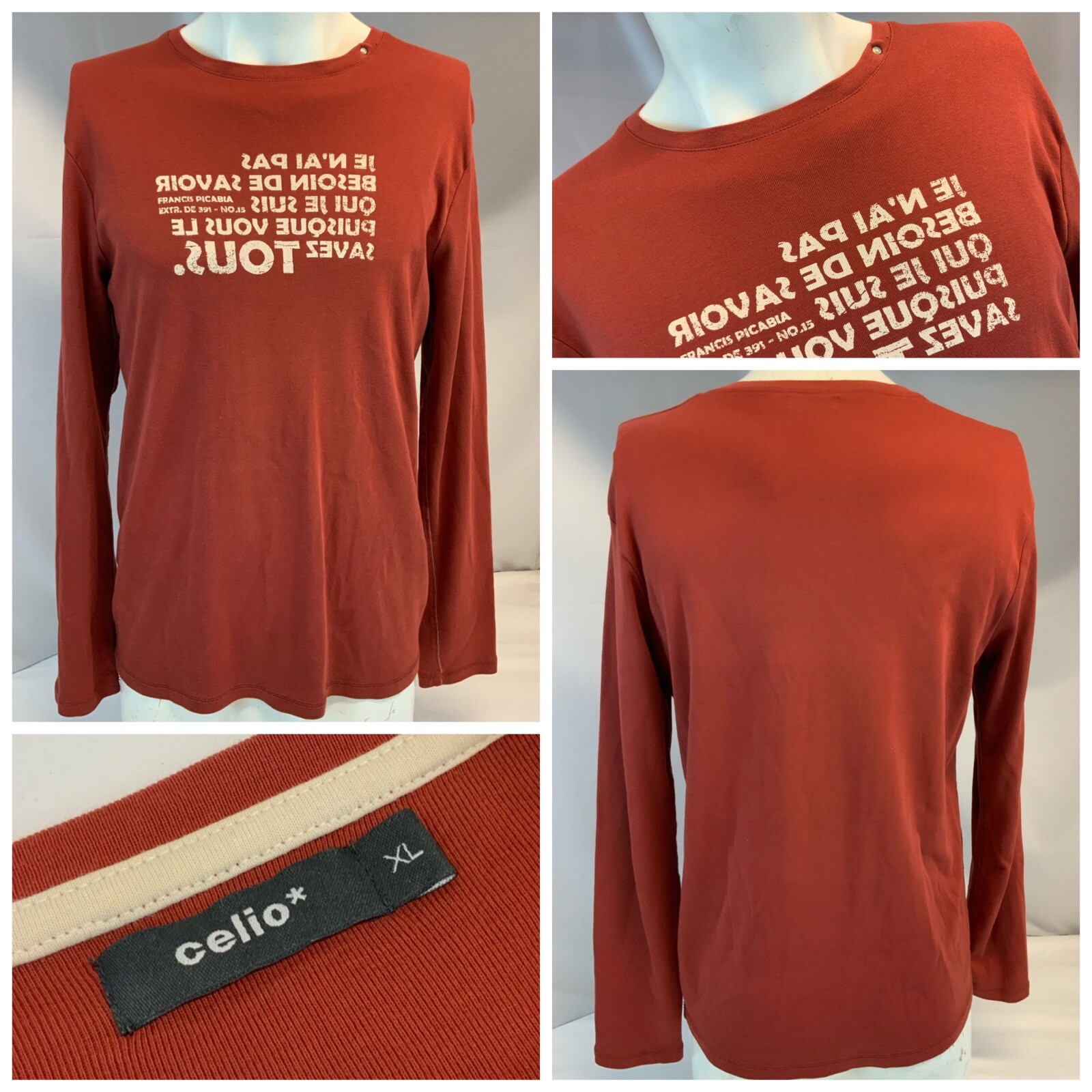 Celio Long Sleeve Crewneck Tee Shirt XL Orange Cotton French Language YGI C1-469