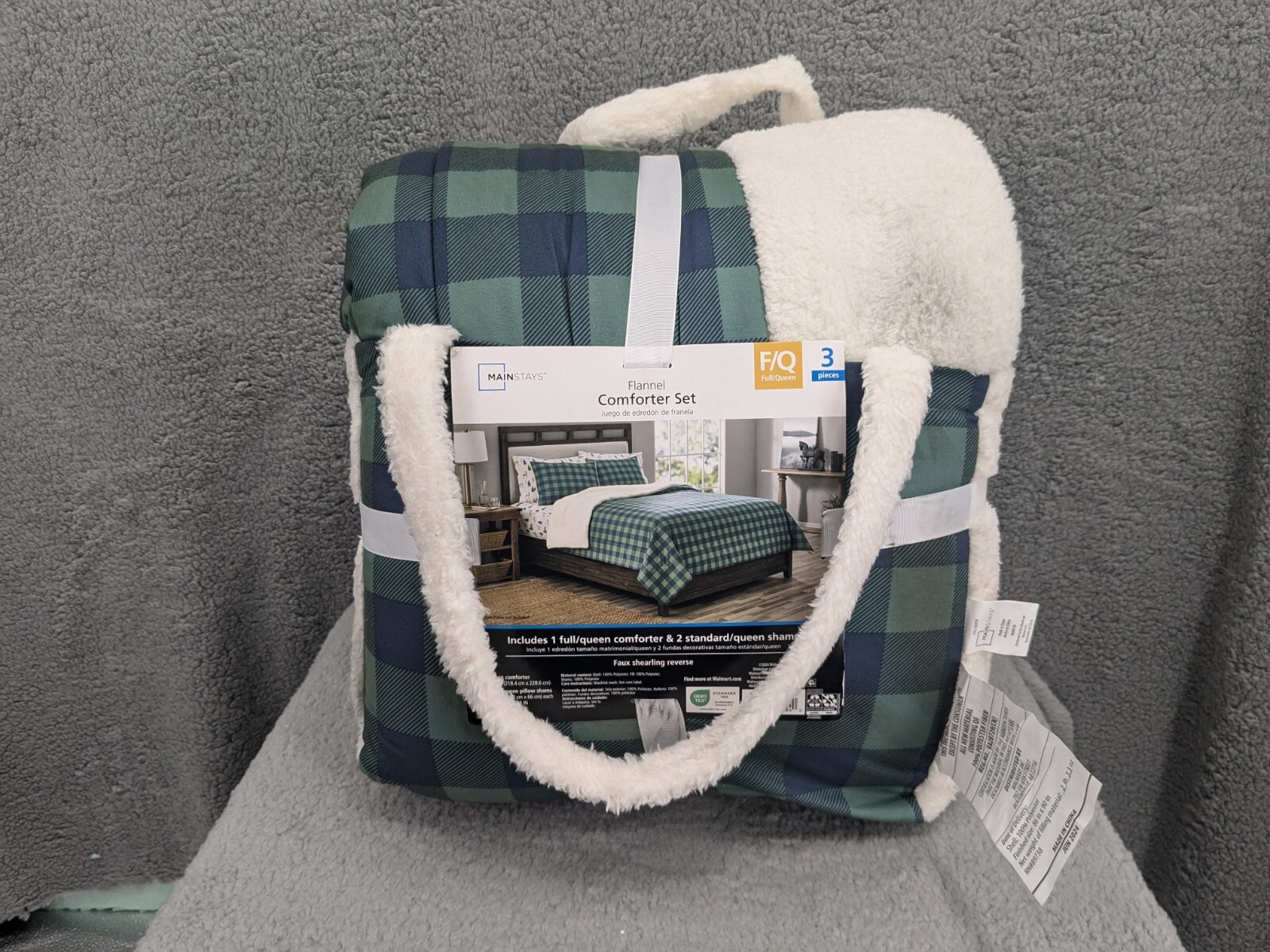 Mainstays Flannel 3 Piece Comforter Set Full/Queen, 2 Shams, Faux Shelling