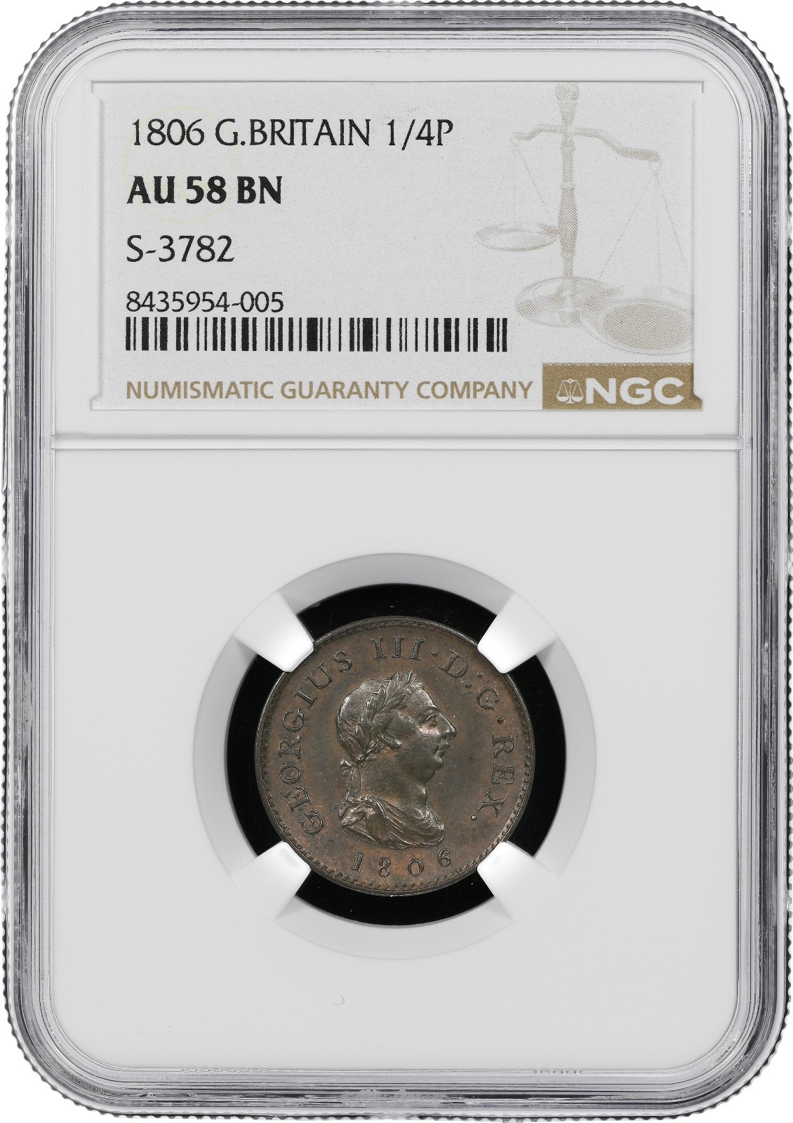 1806 George III Great Britain Copper Farthing NGC AU 58 BN