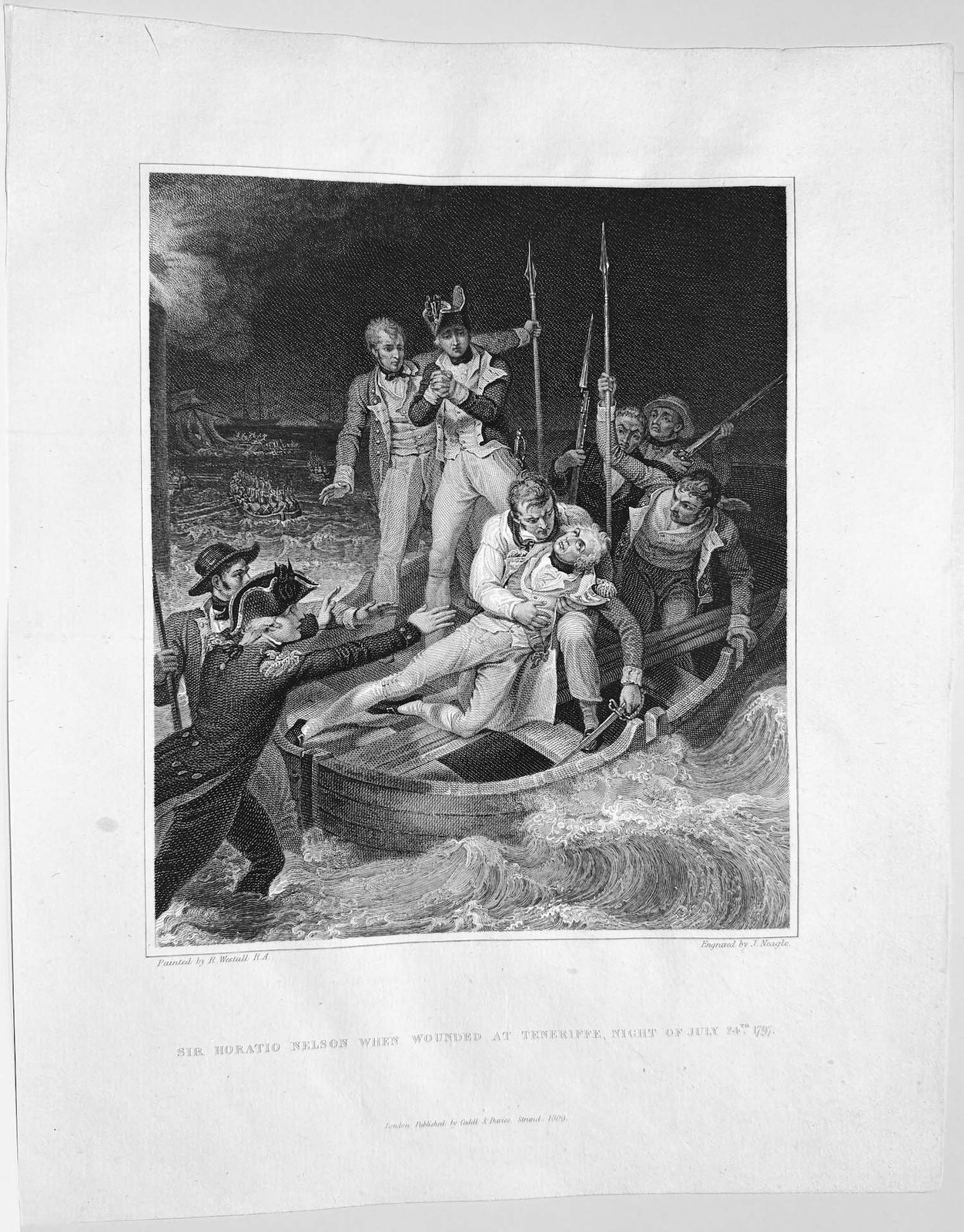 HORATIO NELSON WOUNDED BATTLE OF SANTA CRUZ ~ Old 1809 Art Print Engraving RARE