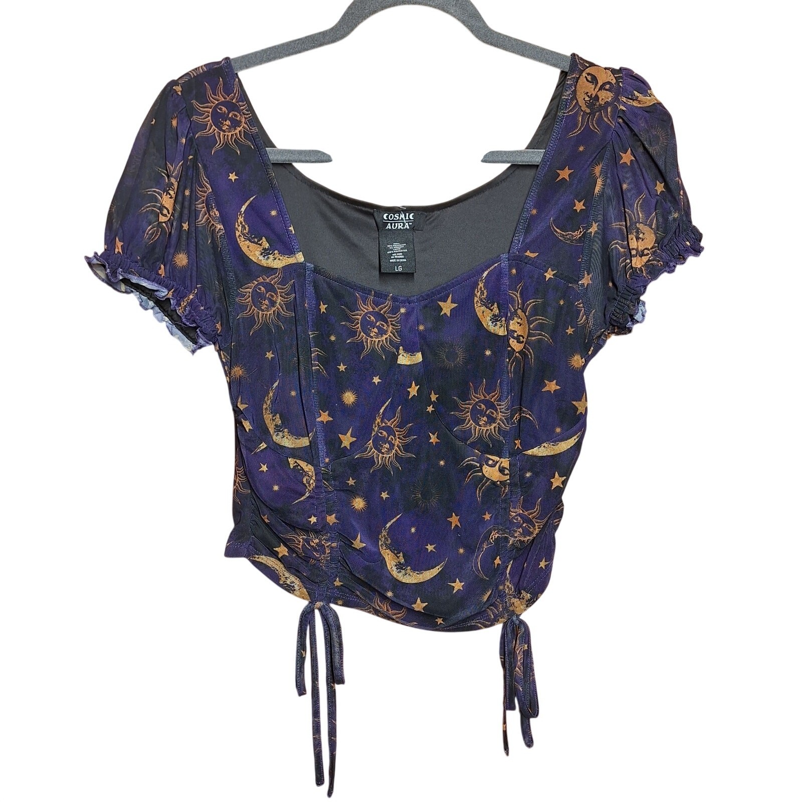 Hottopic Cosmic Aura sun & moon celestial print ruched mesh crop top corset goth