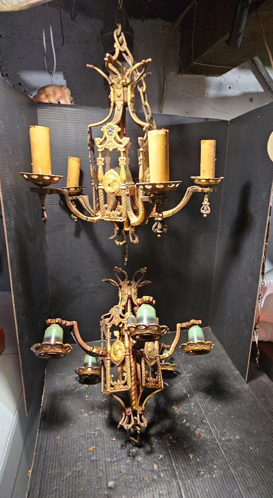 NICE Pair Matching Cast Brass Cameo 5 Light Chandeliers Medieval Spanish Revival NICE Pair Matching Cast Brass Cameo 5 Light Chandeliers Medieval Spanish Revival