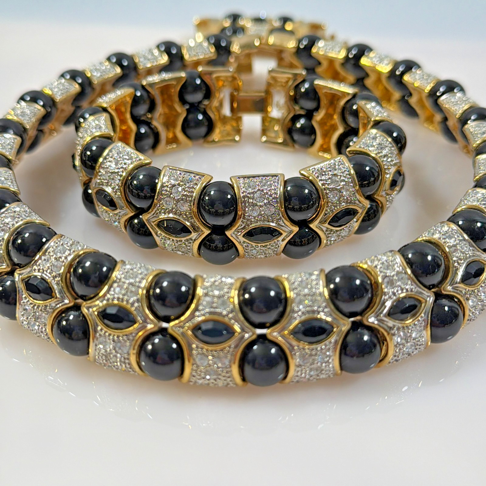 Vintage Necklace Bracelet Set Runway Black Clear Gold Choker Adjustable Link