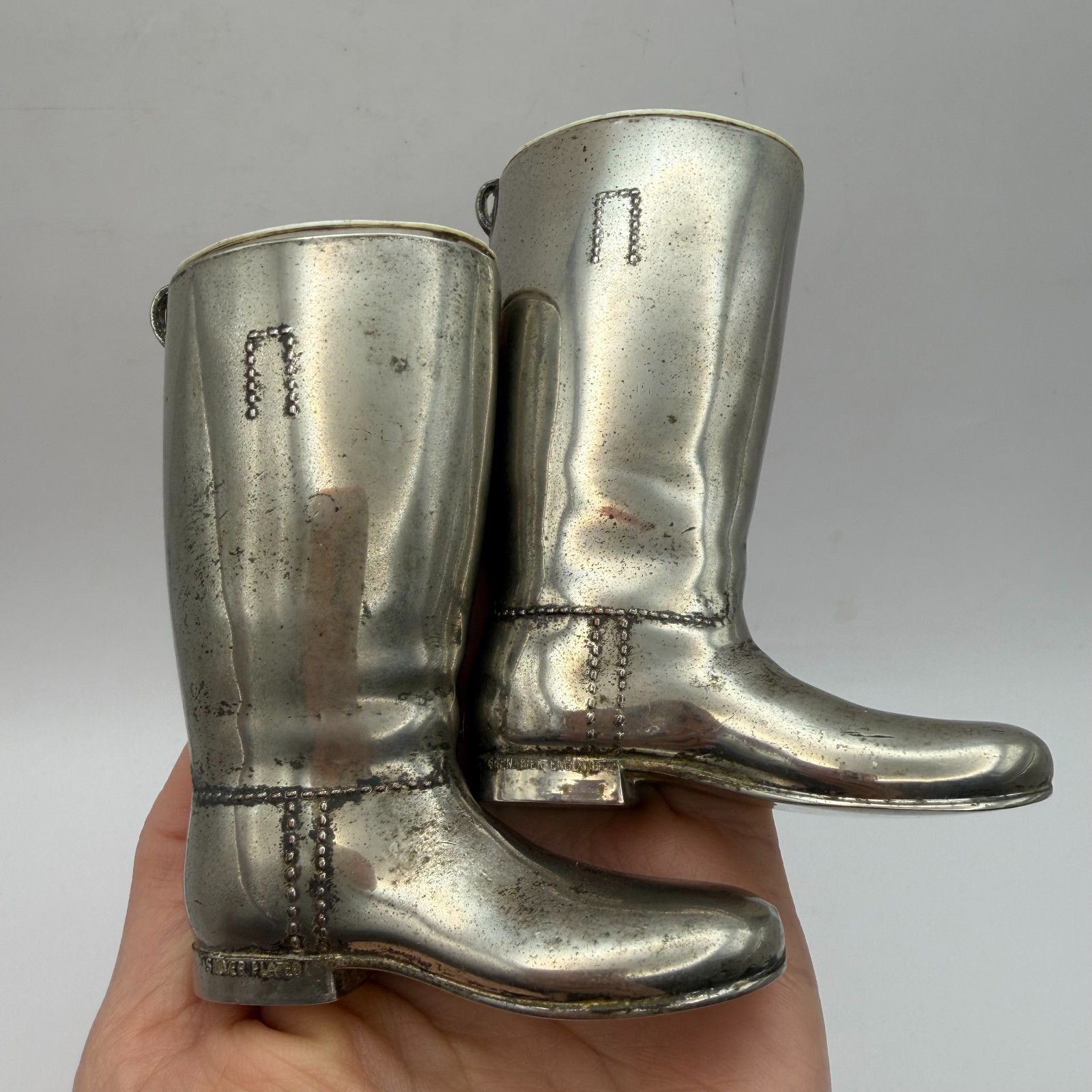 Vintage Grenadier Silver Plated Boot Shot Glass Jigger Set Made in England Vintage Grenadier Silver Plated Boot Shot Glass Jigger Set Made in England
