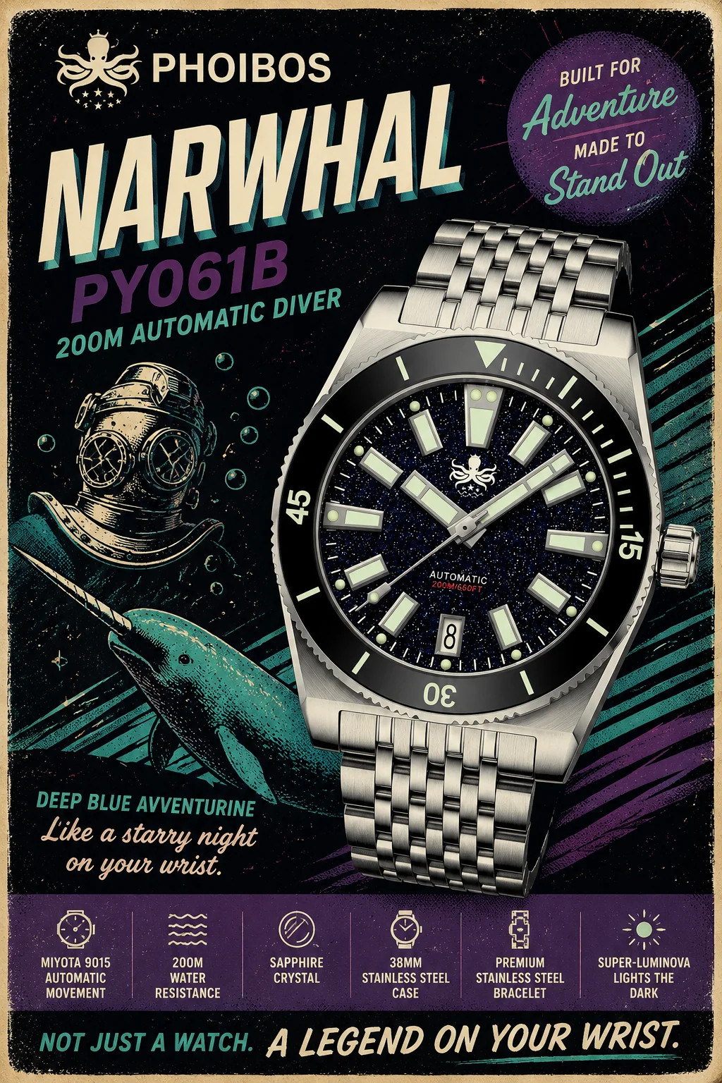 PHOIBOS Narwhal PY061B – Dark Blue Aventurine – 200M Automatic Diver