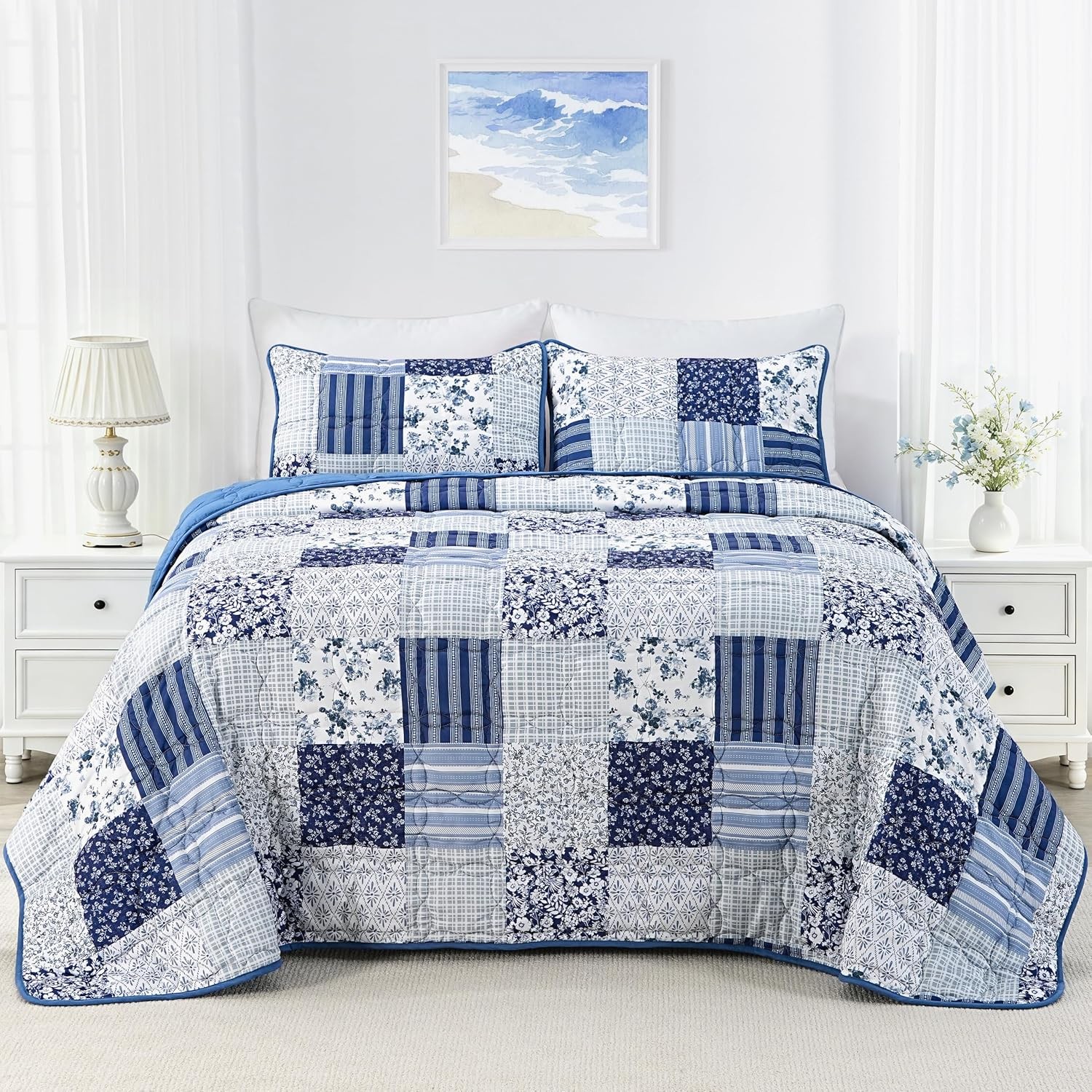 Full Queen Size Quilt Set Blue Floral Bedding Set 3-Piece Patchwork Reversible Full Queen Size Quilt Set Blue Floral Bedding Set 3-Piece Patchwork Reversible