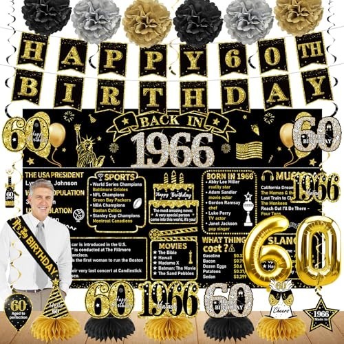 21pc 60th Birthday Decorations Kit: Black Gold Banner, Backdrop, Balloons