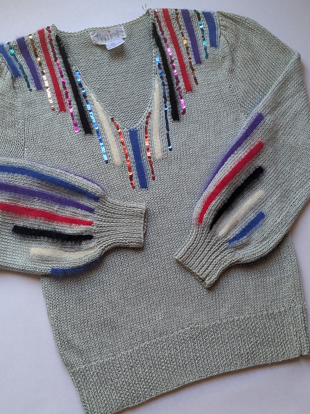 Vintage 80s Grey Knit V-neck Puffy Sleeve Linen/Rayon/Angola from brand Nannell