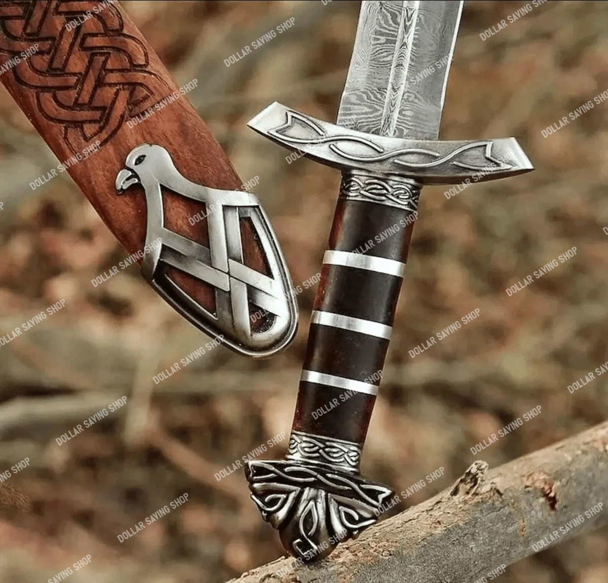 Hand Forged Damascus Steel Viking Sword: Northman Style, Rose Wood Handle