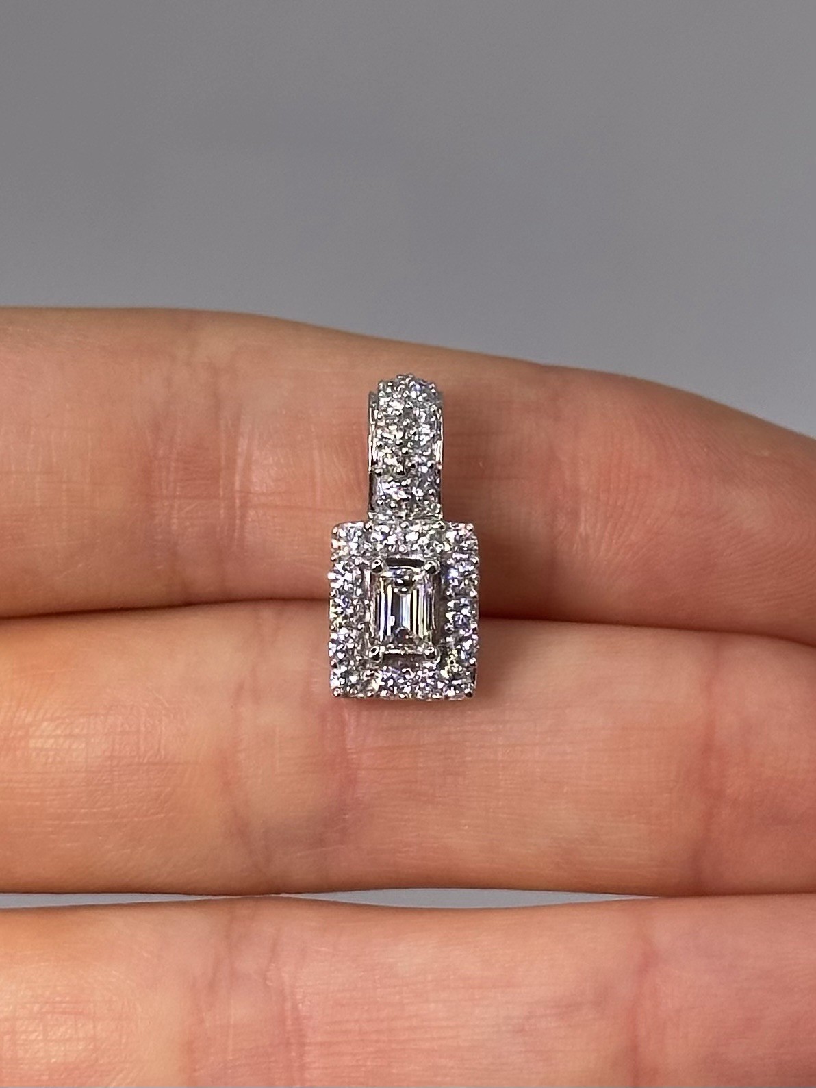 Solid 14K White Gold .70ct Natural Diamond Emerald Cut Halo Pendant 