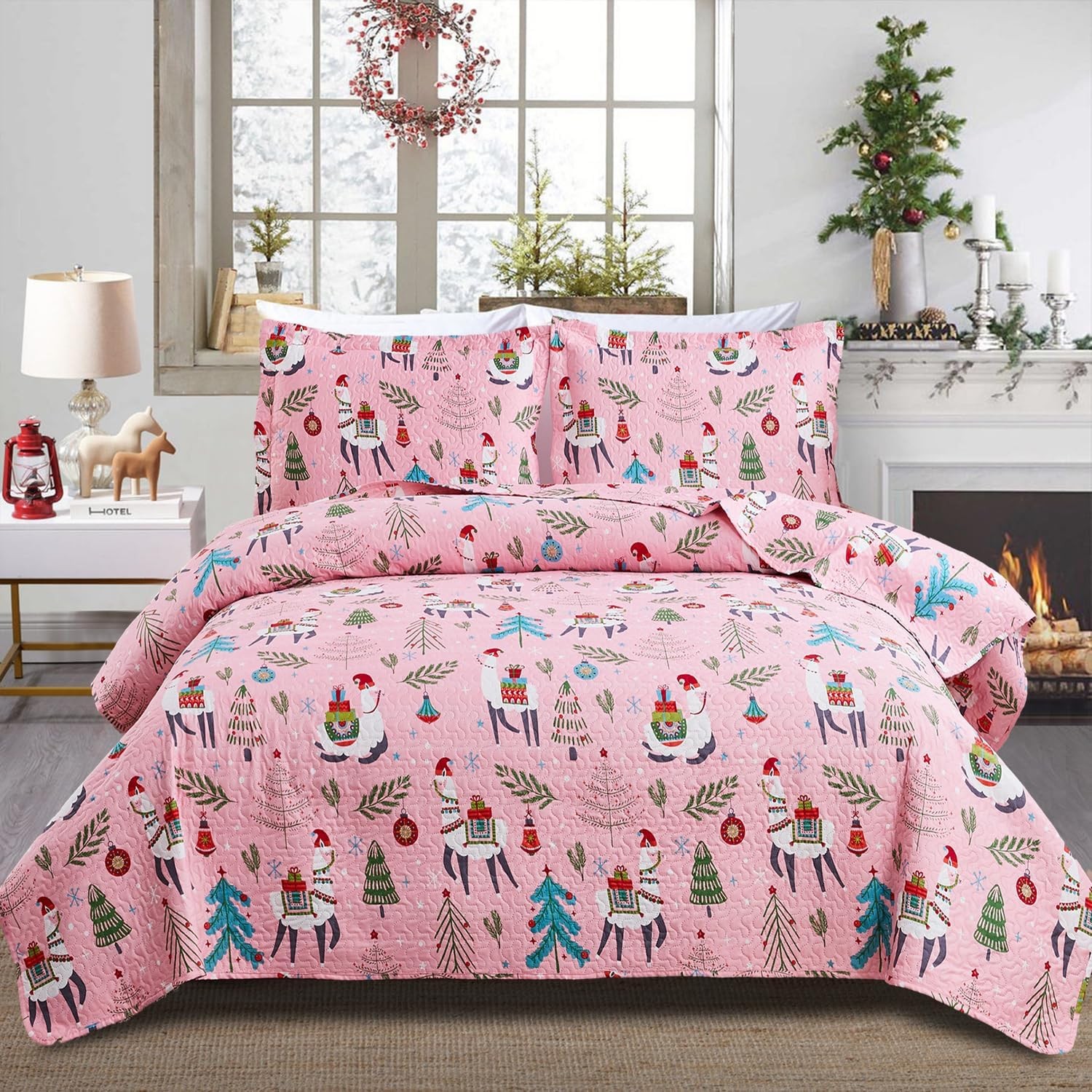 Kids Pink Christmas Alpaca Quilt Set Queen Sizesnowflake Tree Printed Bedding Se