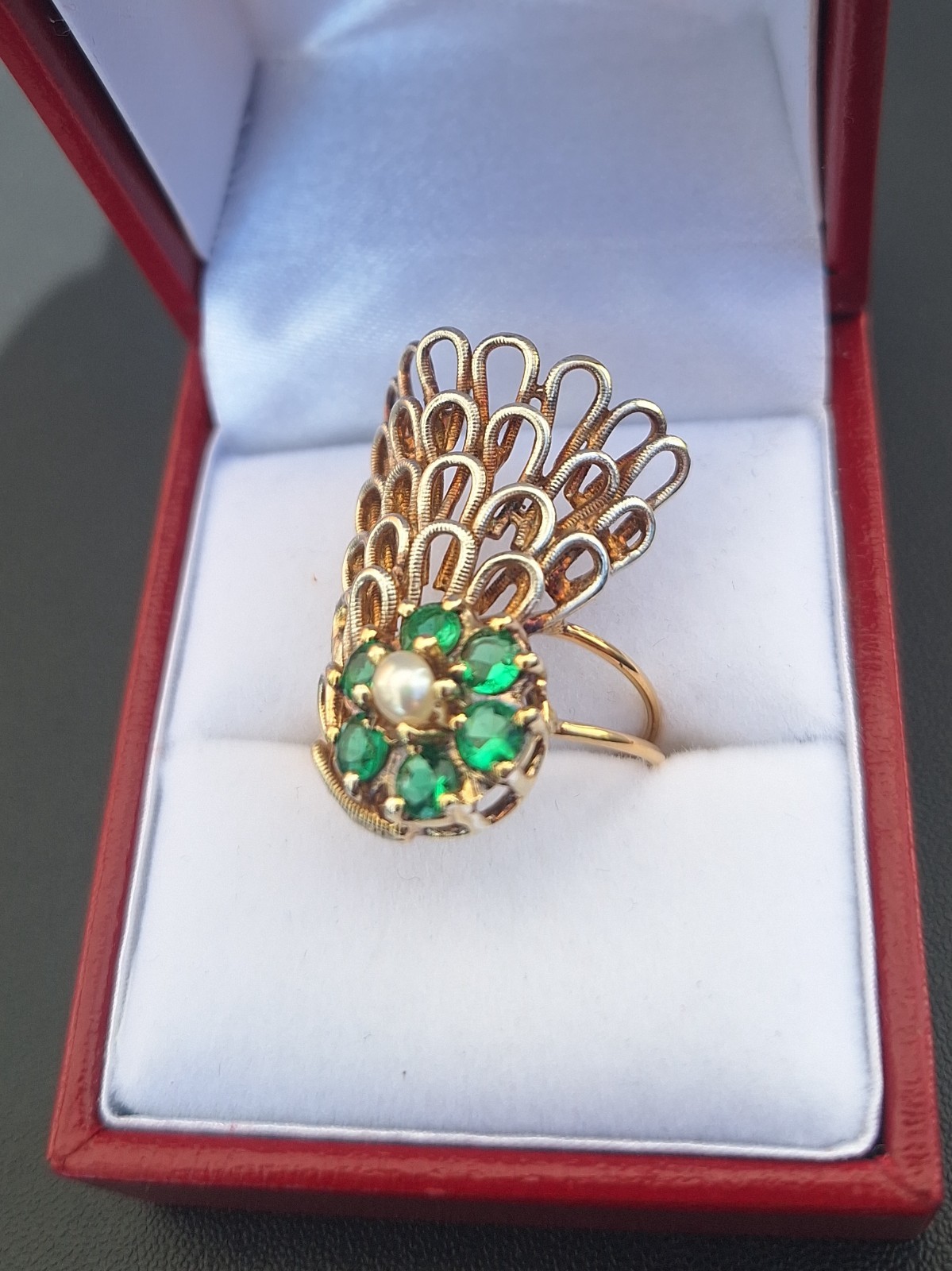 14k Gold Ring Natural Emerald 1ct Pearl Vintage Handmade Italy Crown Design