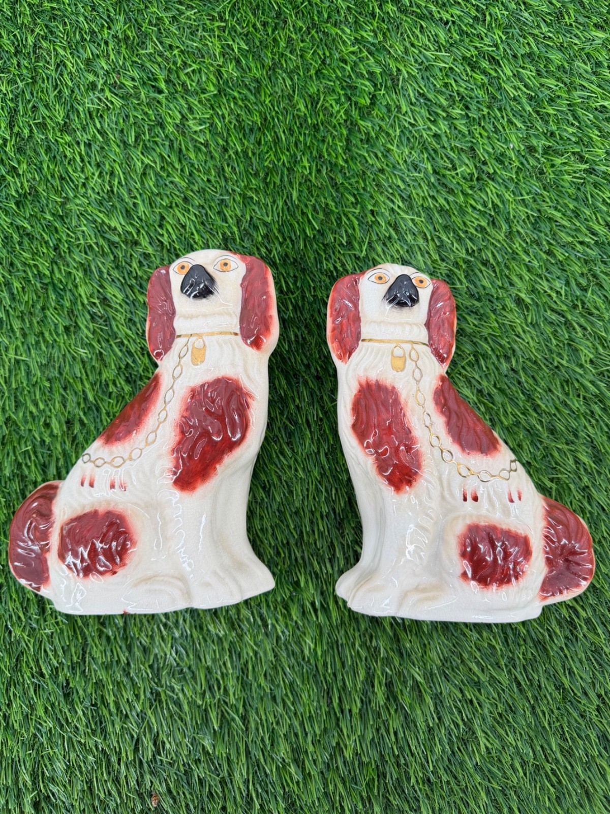 ANTIQUE c.1890 STAFFORDSHIRE SPANIEL STATUE SCULPTURES LARGE MARKED LOT OF 2 ANTIQUE c.1890 STAFFORDSHIRE SPANIEL STATUE SCULPTURES LARGE MARKED LOT OF 2