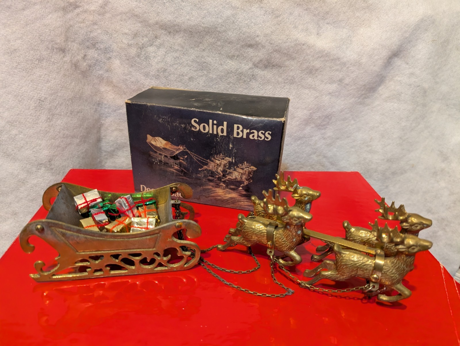 VTG Lg Brass Reindeer Flying Sleigh With Christmas Gifts Centerpiece 12 VTG Lg Brass Reindeer Flying Sleigh With Christmas Gifts Centerpiece 12