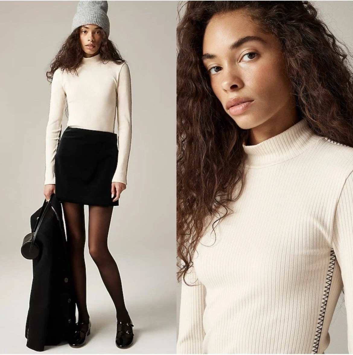 Premium J. CREW Rib Mock Turtleneck Top Whipstitch Natural Beige M NWT #CF279