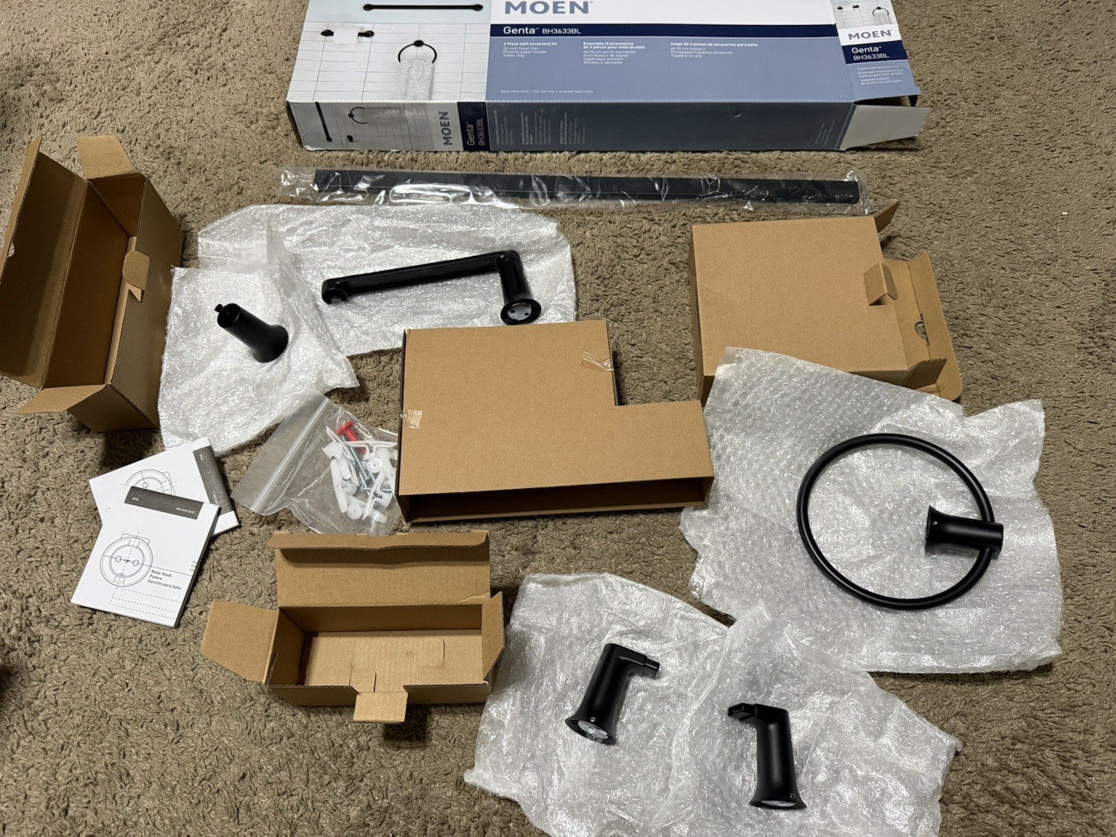 NEW Moen Genta 3pc Bath Accessory Kit - MATTE BLACK - BH3633BL 119$MSRP NEW Moen Genta 3pc Bath Accessory Kit - MATTE BLACK - BH3633BL 119$MSRP