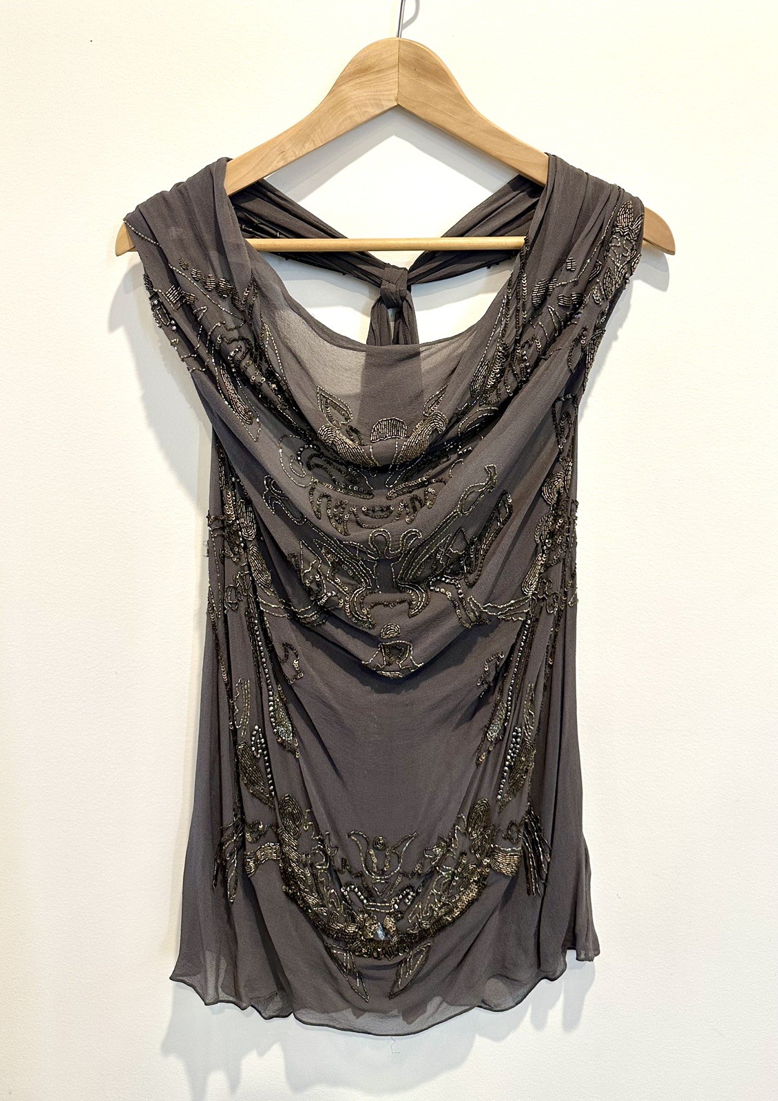 AllSaints Vintage Sechin Slate Grey Silk Hand Embellished Beaded Top Size 12