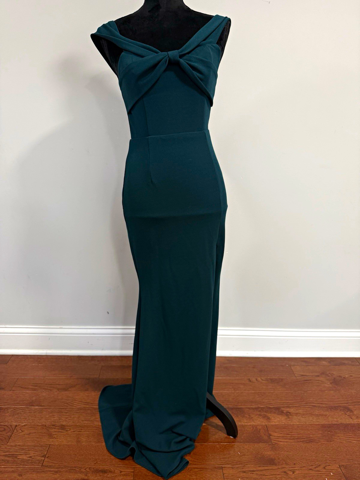 Lulus Women’s Off-Shoulder Bow Side Slit Solid Green Long Gown Size S