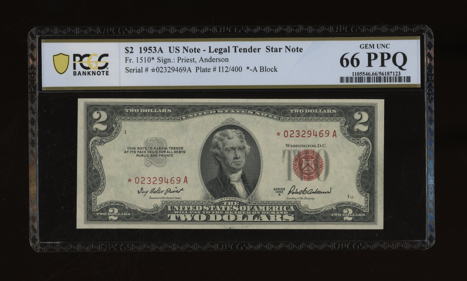 DBR 1953-A $2 Legal STAR Gem Fr. 1510* PCGS-B 66 PPQ Serial *02329469A DBR 1953-A $2 Legal STAR Gem Fr. 1510* PCGS-B 66 PPQ Serial *02329469A
