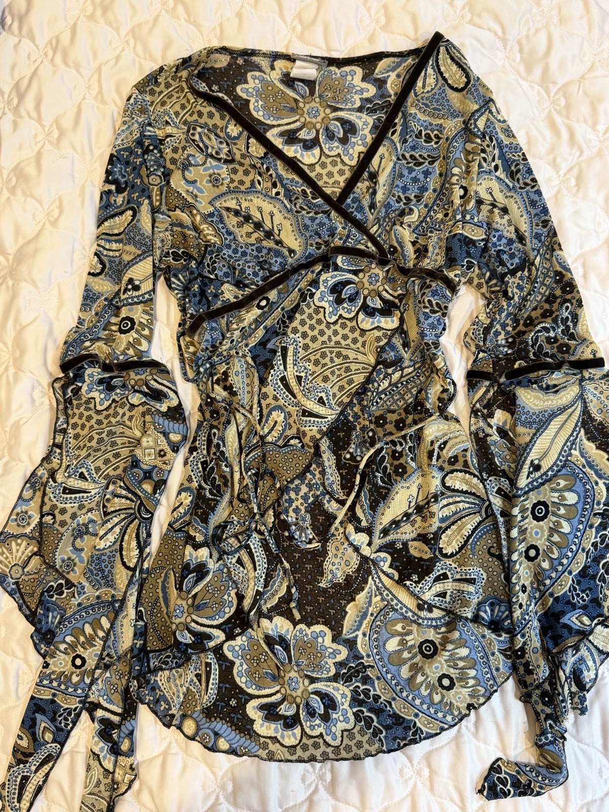 VINTAGE Y2K Rave Sheer Mesh Paisley Wrap Top w/ Velvet Trim & Bell Sleeves XL VINTAGE Y2K Rave Sheer Mesh Paisley Wrap Top w/ Velvet Trim & Bell Sleeves XL