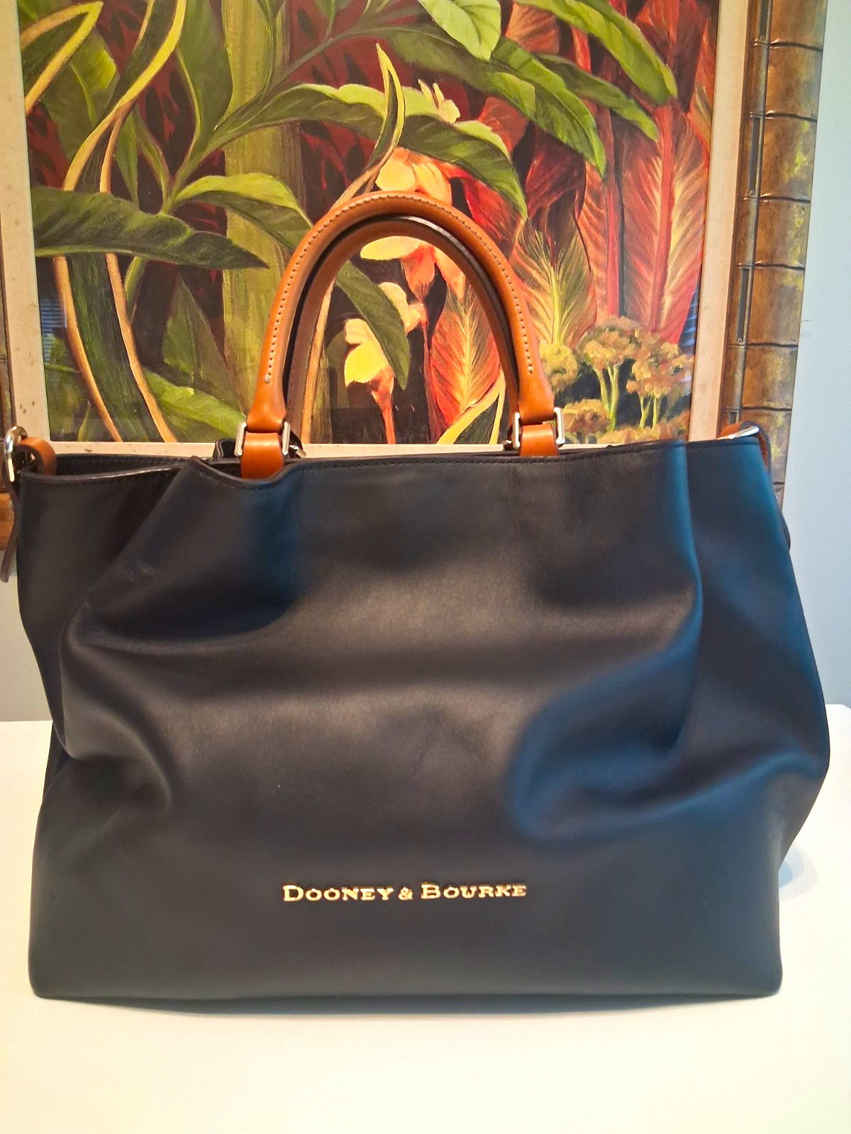 Dooney & Bourke Black Leather Large Satchel Brown Handles Strap Gold HW