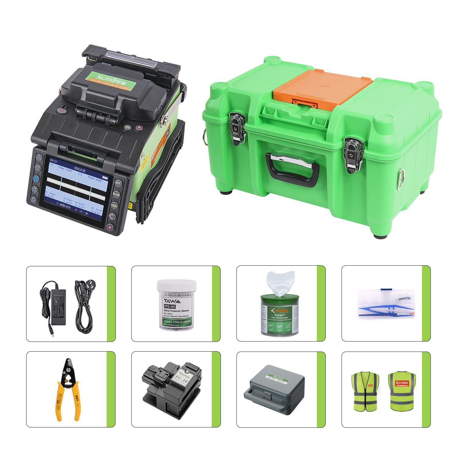 Komshine GX39 Optic Fiber Fusion Splicer Kit,0.02dB Loss Fiber Splicer w/Cleaver