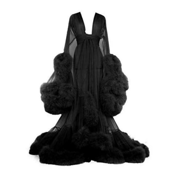 Women\'s Sheer Sleepwear Nightwear Robes Artificial Feather Trim Dresses New
