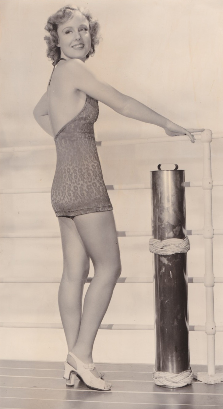 1937 Press Photo Leggy Actress Madge Evans Models Bathing Suit for MGM Studio