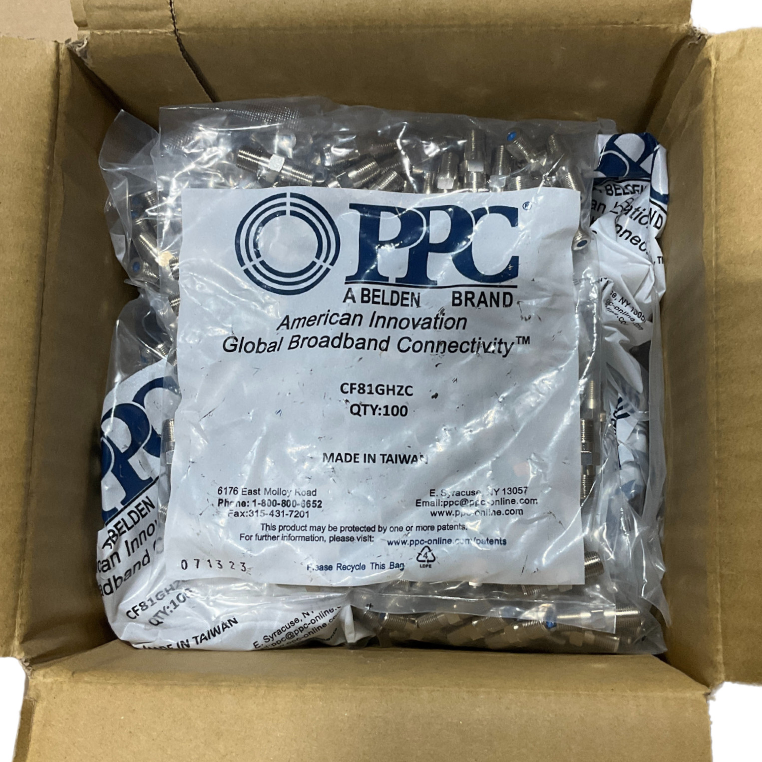 Case Of 1000 PPC BELDEN CF81GHZC Female To Female F-81 Barrel Connectors Case Of 1000 PPC BELDEN CF81GHZC Female To Female F-81 Barrel Connectors