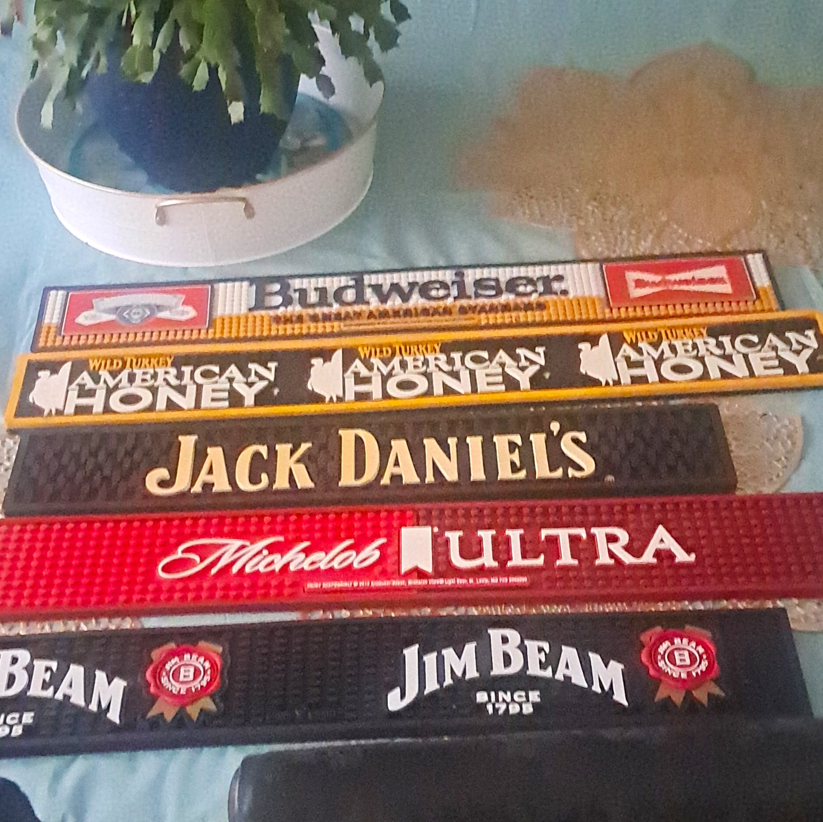 Lot of 5 Rubber Bar Mats 24x3.5 Budweiser Jack Daniel\'s Jim Beam Michelob Lot of 5 Rubber Bar Mats 24x3.5 Budweiser Jack Daniel\'s Jim Beam Michelob