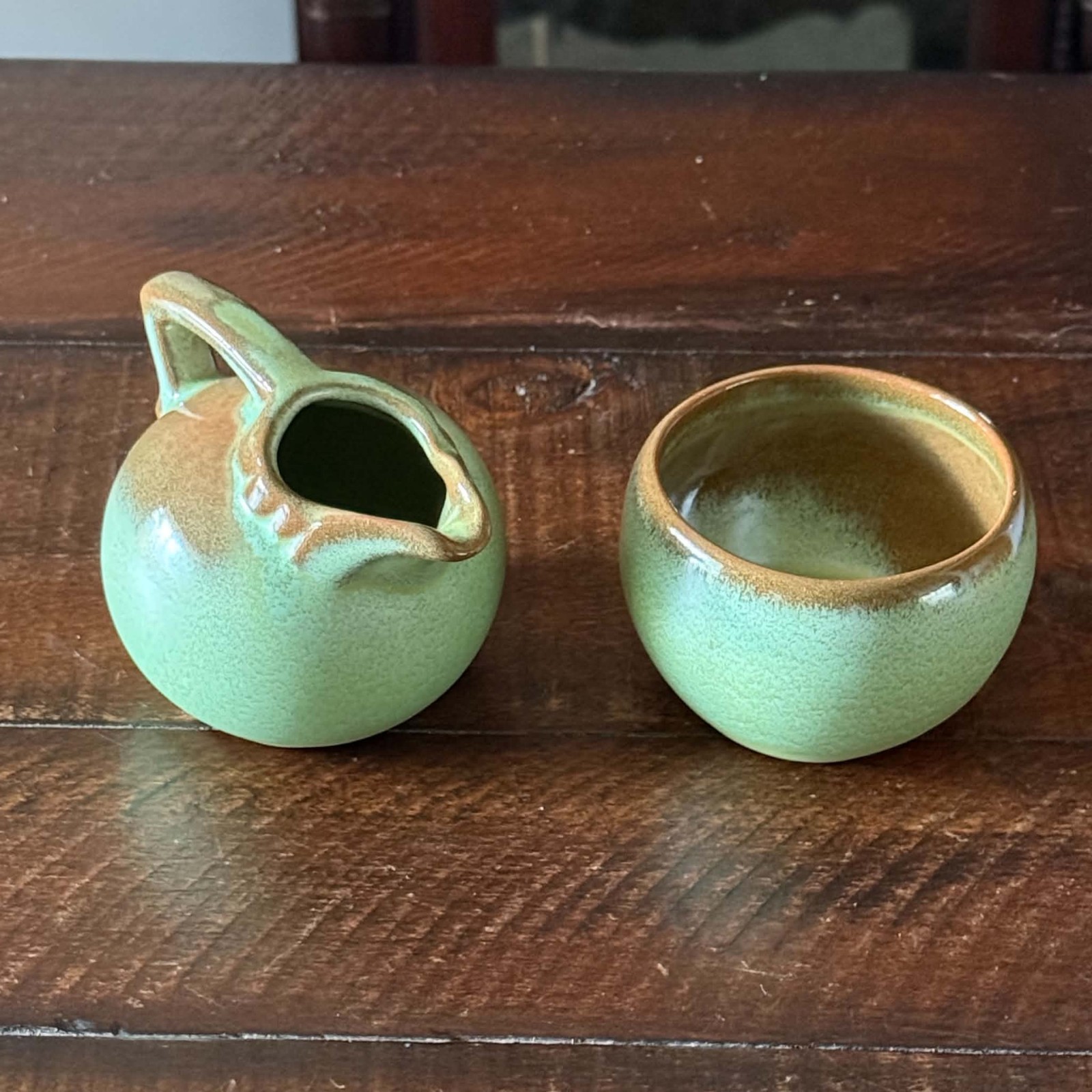 Frankoma Pottery Prairie Green Mini Creamer 553 & Open Sugar Bowl 504 Set VTG