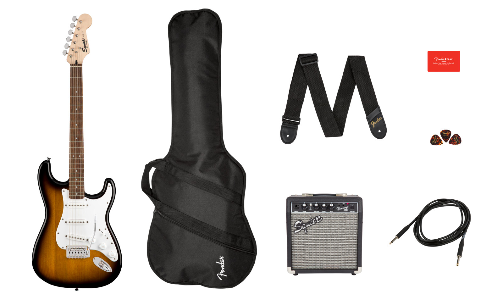 Fender Squier Strat Electric Guitar Package with Frontman Amp/Gig Bag/Strap