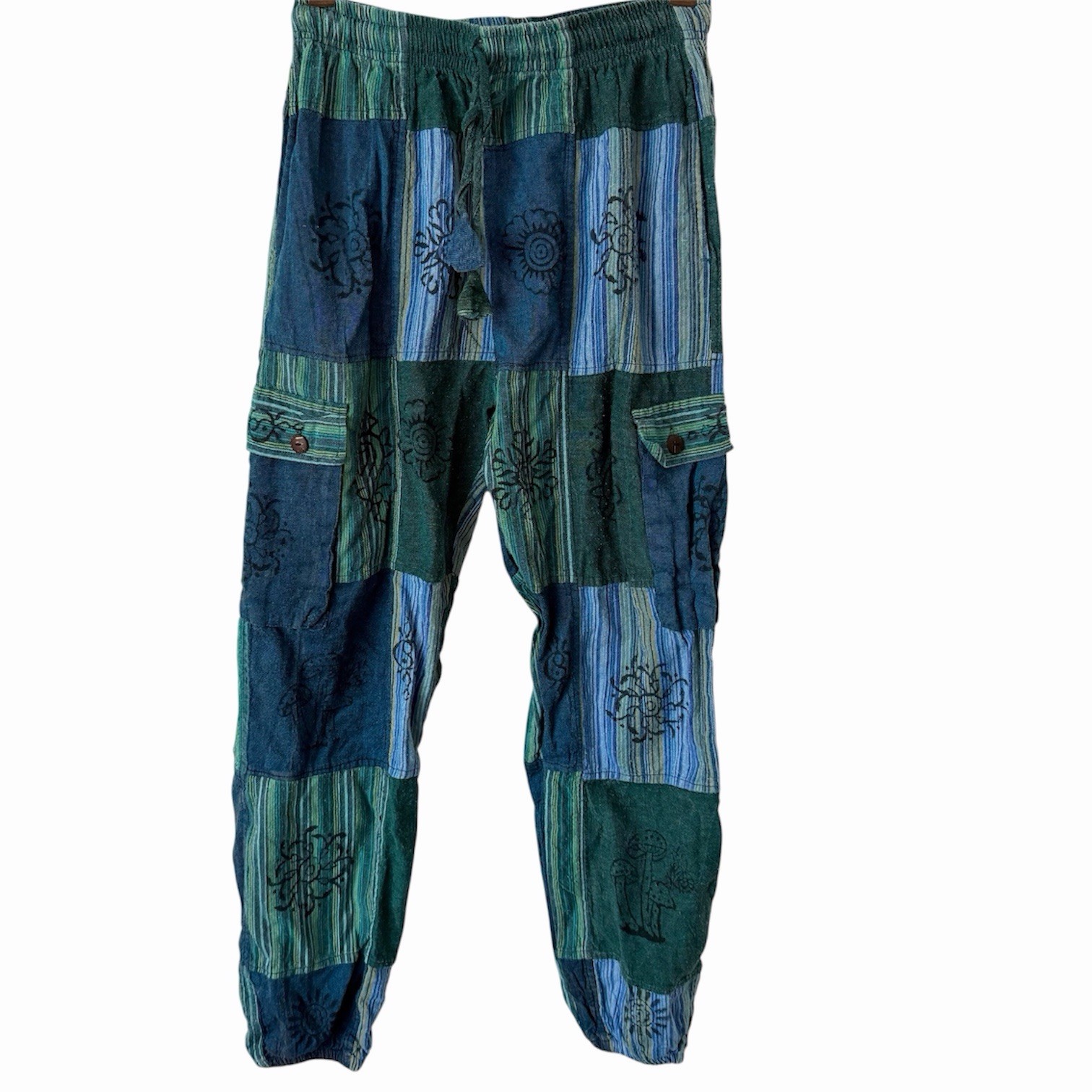 Vintage Nepal Patchwork Cargo Pants Blue Green Mushroom Festival Vintage Nepal Patchwork Cargo Pants Blue Green Mushroom Festival