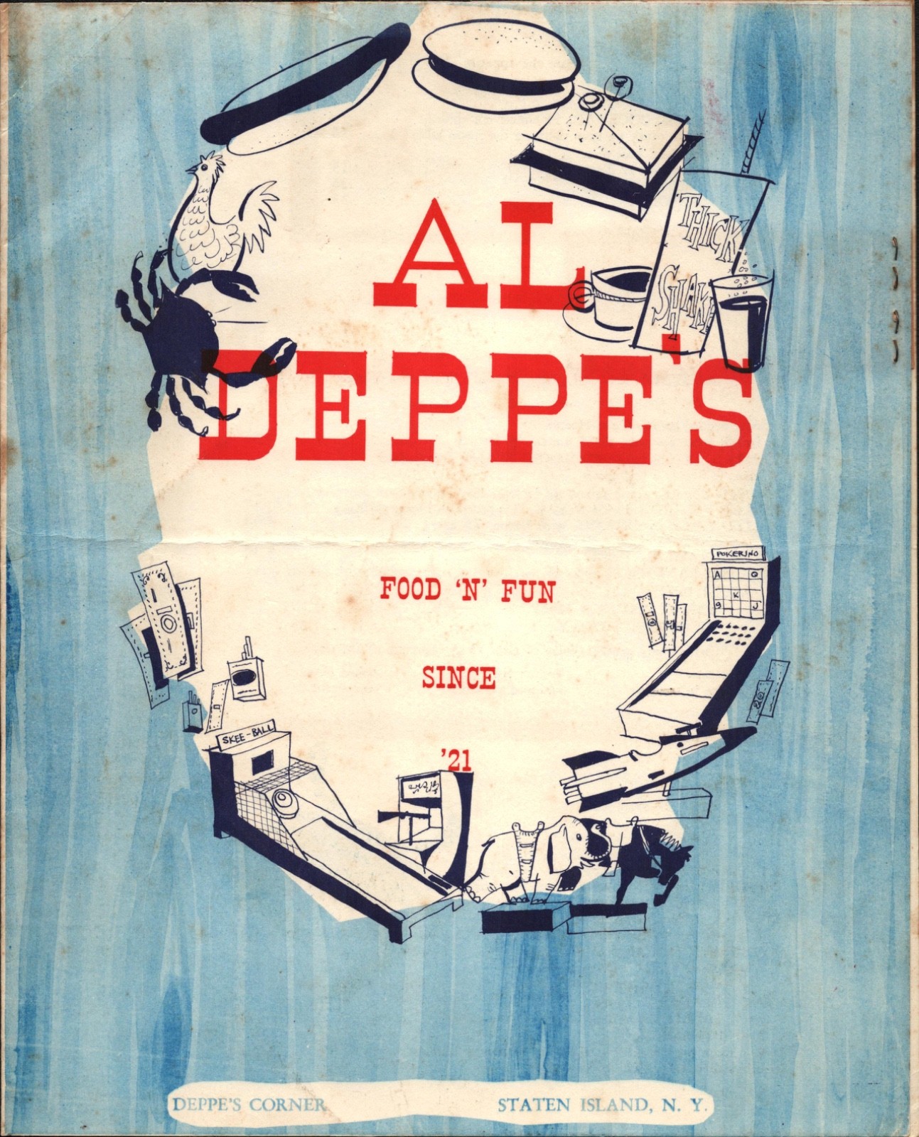 1950s AL DEPPE'S FOOD 'N' FUN ARCADE vintage dining menu STATEN ISLAND, NEW YORK 1950s AL DEPPE'S FOOD 'N' FUN ARCADE vintage dining menu STATEN ISLAND, NEW YORK